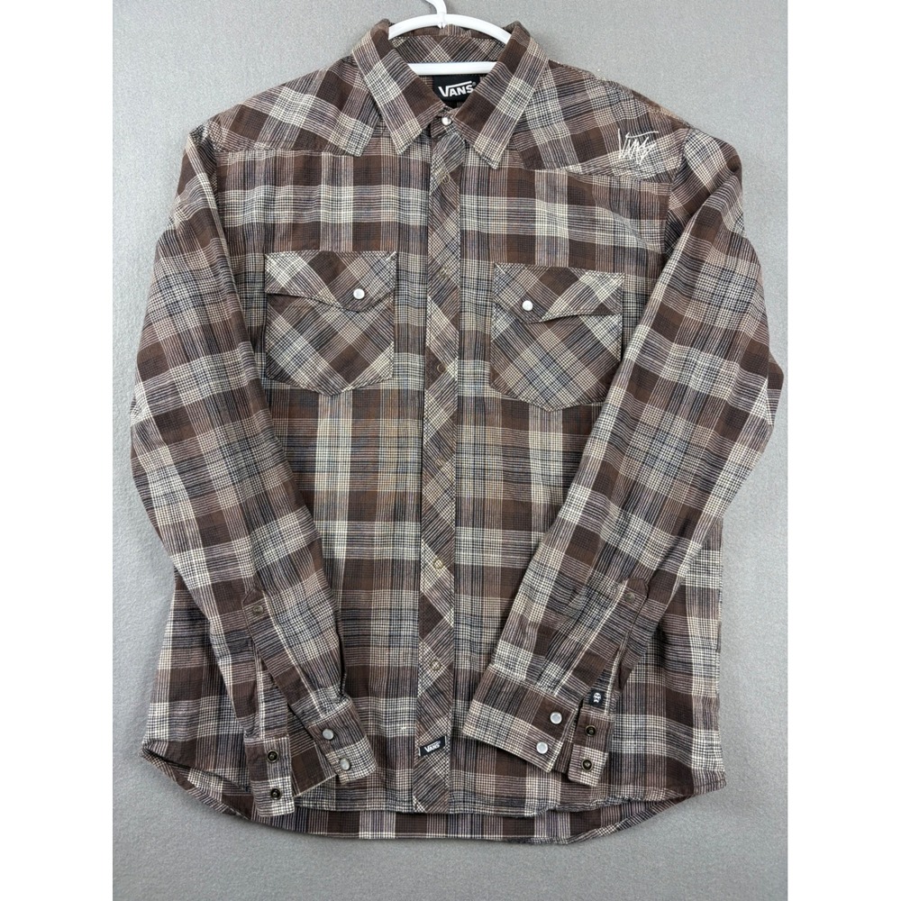 Vans Mens Brown Plaid Western Pearl Snap Long Sleeve Cotton Shirt Size Medium